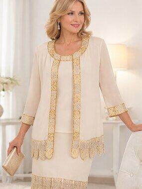 Midnight Velvet 3-PC Beige & Gold Beaded Skirt, Shell, Jacket, XL